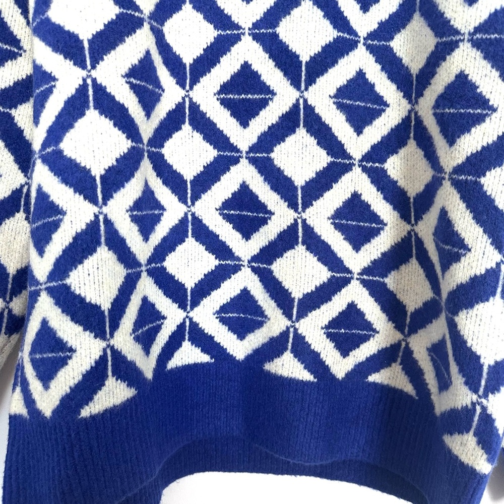 Zara Men's Sweater Blue White Diamond Geometric Size M Crewneck Pullover - Picture 8 of 13